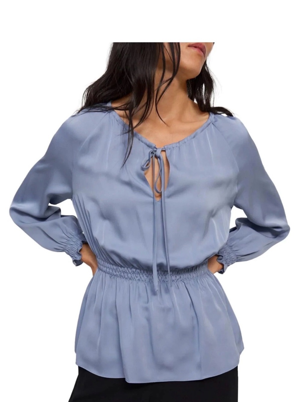 Theory Dusty Blue Split-Neck Top 100% silk size M